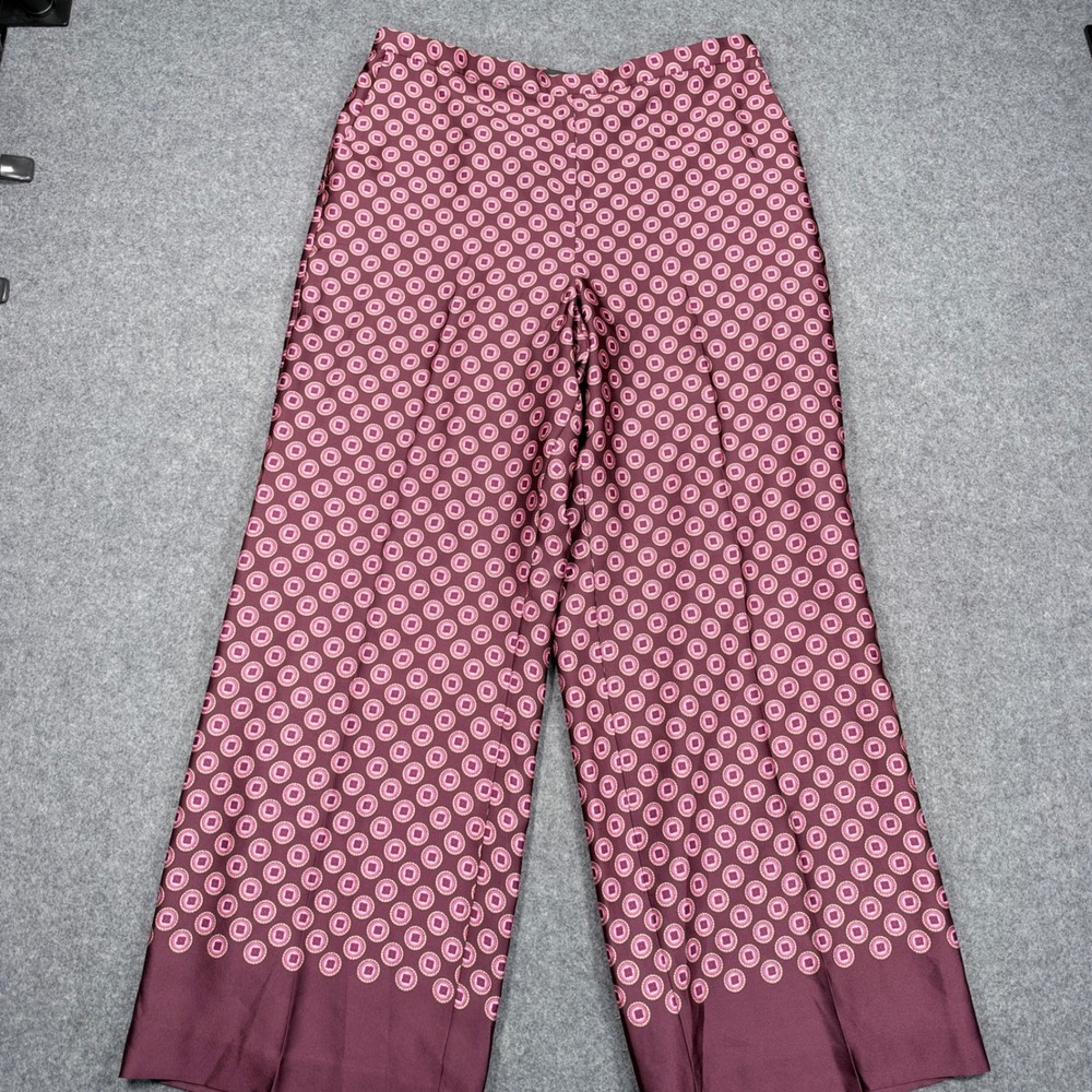 Ann Taylor Petite Wide Leg Trousers 12P Burgundy Medallion Print Side Zip Pants